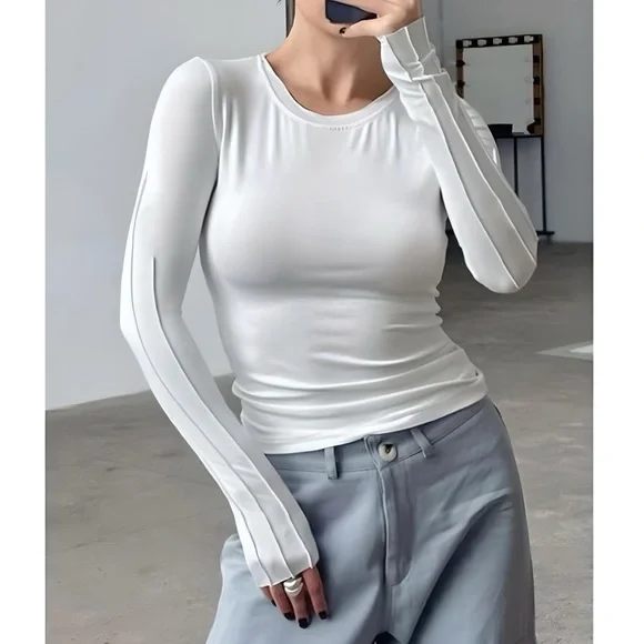 NWT Commense White Ribbed Statement Sleeve Form-Fitting Crew Neck Top size M L - Picture 2 of 16